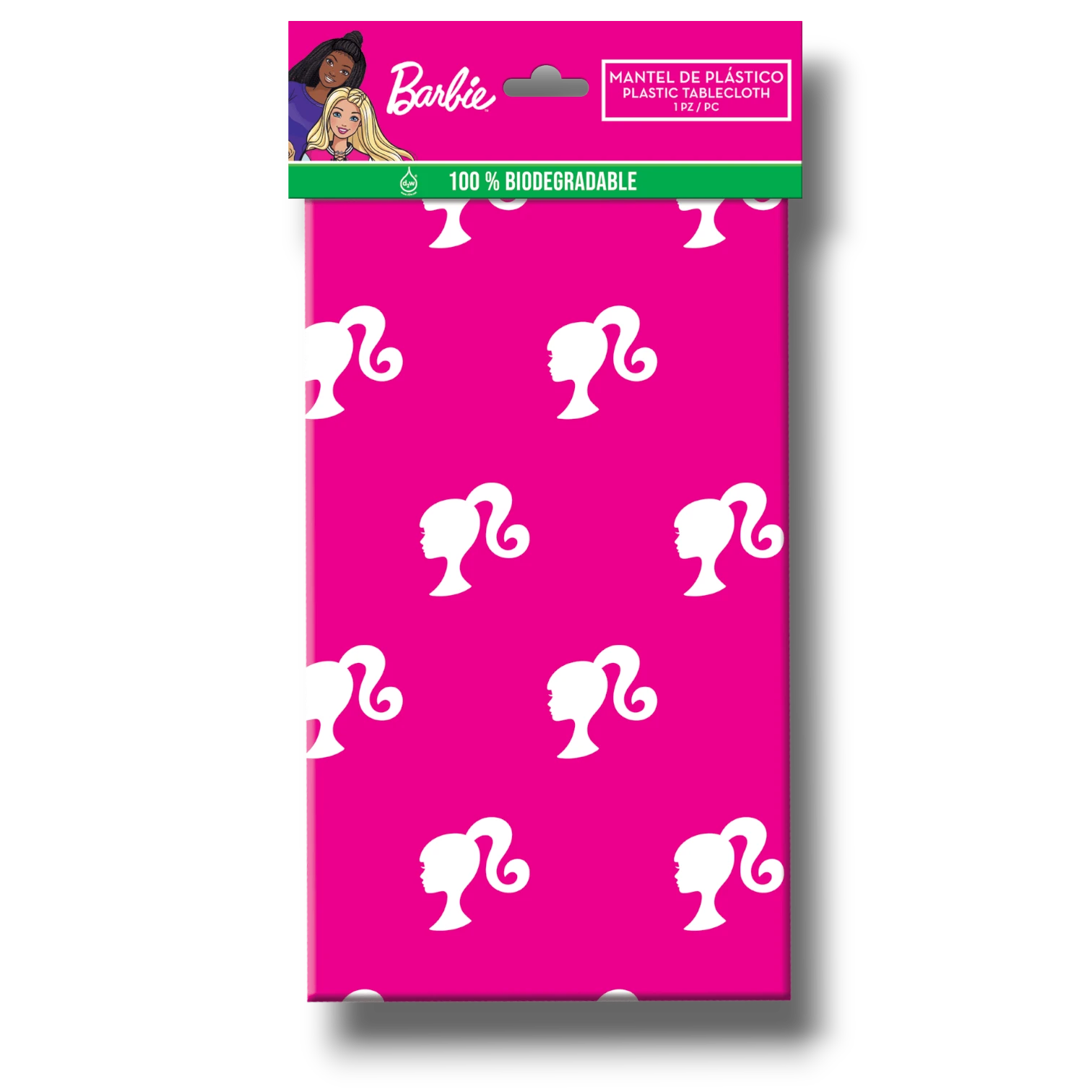 Mantel de plástico Barbie de PartyStore en color fucsia con estampado de siluetas blancas de la muñeca