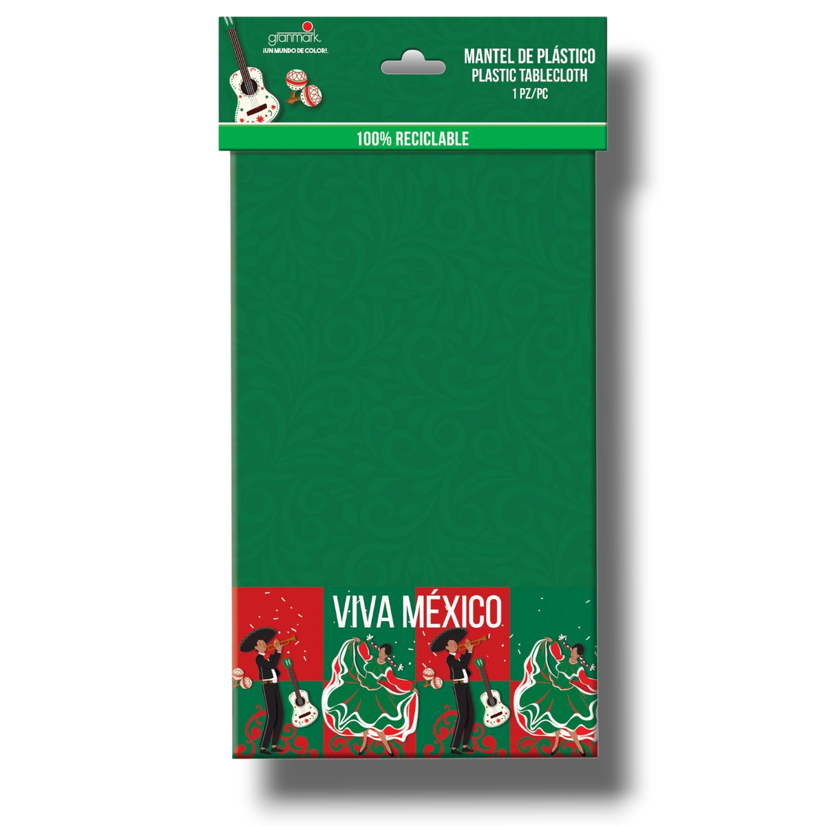 Mantel de plástico PartyStore con diseño de fiesta mexicana, color verde y estampado de bailarines y mariachis.