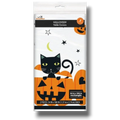 Mantel de plástico PartyStore para Halloween con diseño de gato negro y calabazas sobre fondo blanco