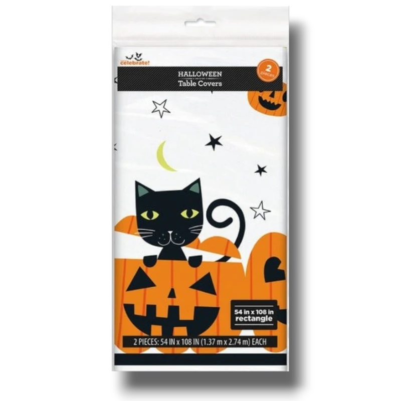 Mantel de plástico PartyStore para Halloween con diseño de gato negro y calabazas sobre fondo blanco