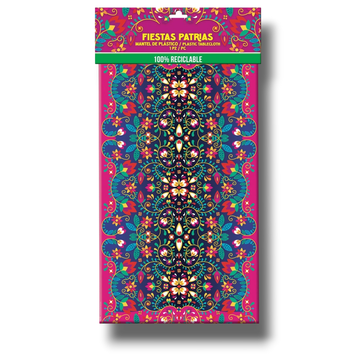 Mantel de plástico PartyStore con diseño floral colorido estilo Huichol sobre fondo azul marino para fiestas patrias