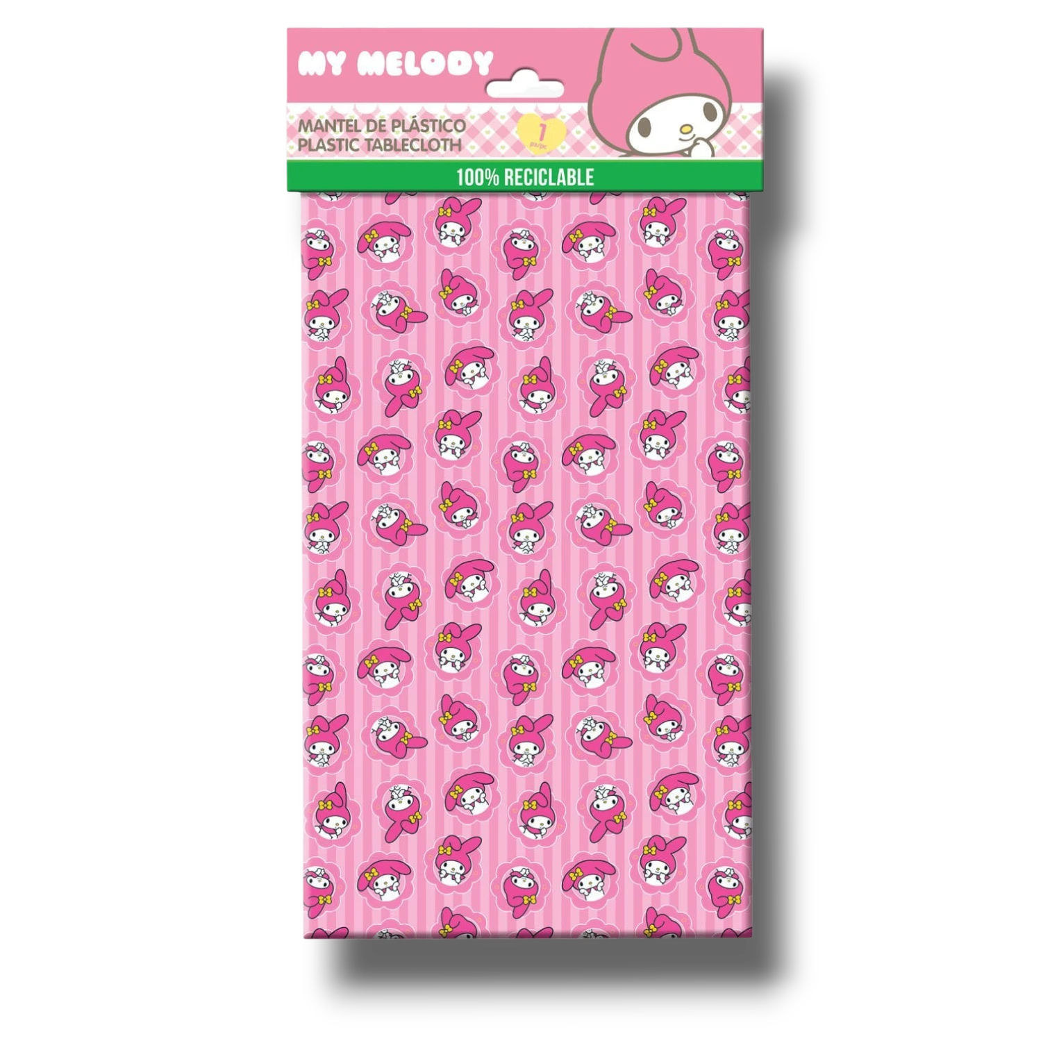 Mantel de plástico PartyStore con estampado de My Melody y flores sobre fondo de rayas rosas para fiestas infantiles