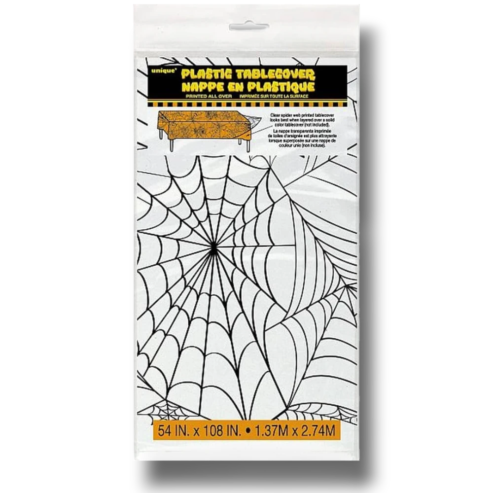 Mantel de plástico transparente PartyStore con estampado de telaraña negra para decoración de Halloween