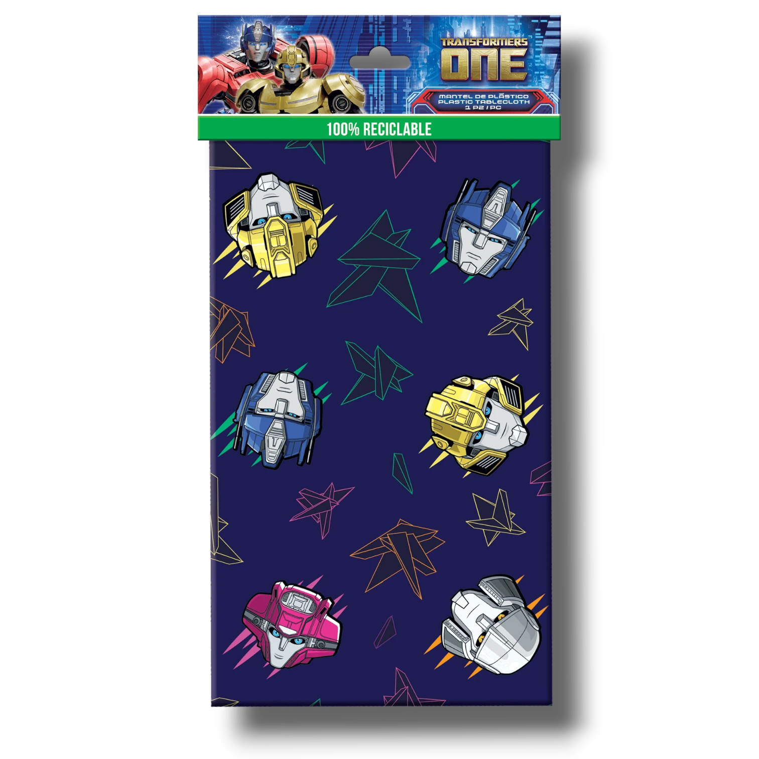 Mantel de plástico PartyStore Transformers One con estampado de cabezas de personajes sobre fondo azul oscuro