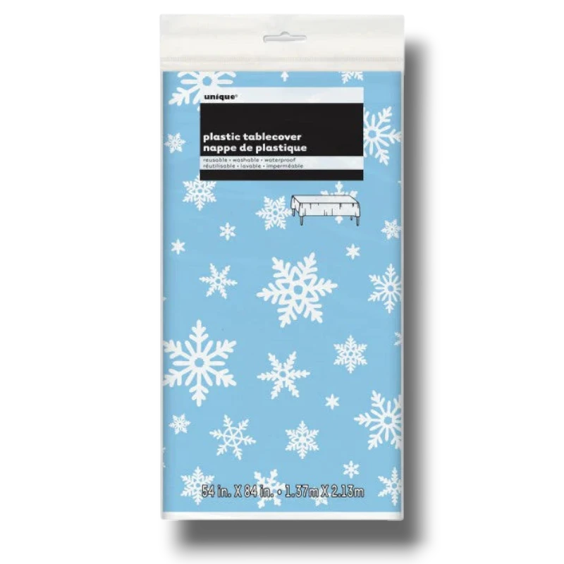 Mantel rectangular PartyStore de plástico azul con estampado de copos de nieve blancos para fiestas navideñas