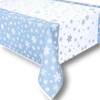 Mantel rectangular PartyStore con estampado de copos de nieve blancos sobre fondo azul claro para decoración navideña