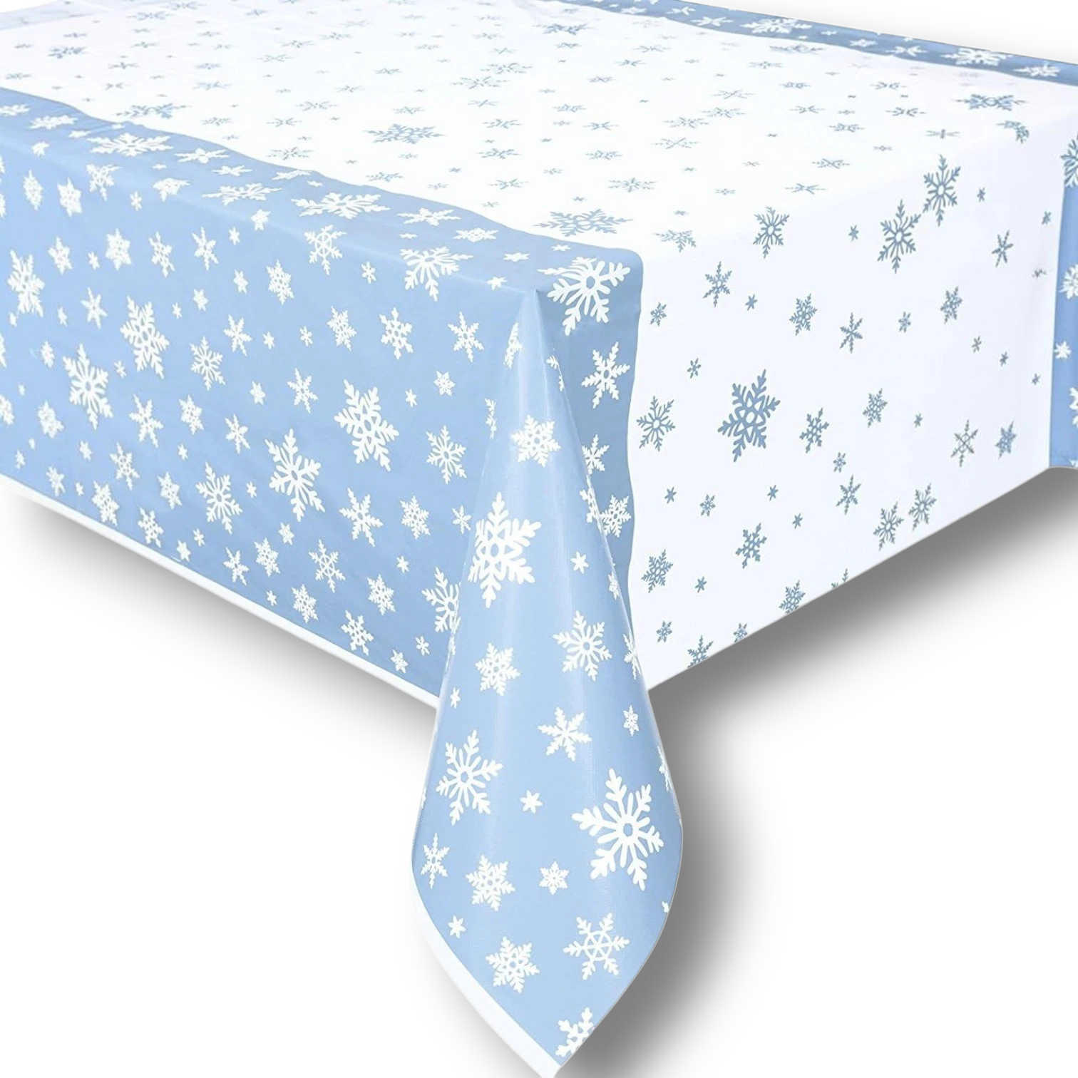 Mantel rectangular PartyStore con estampado de copos de nieve blancos sobre fondo azul claro para decoración navideña