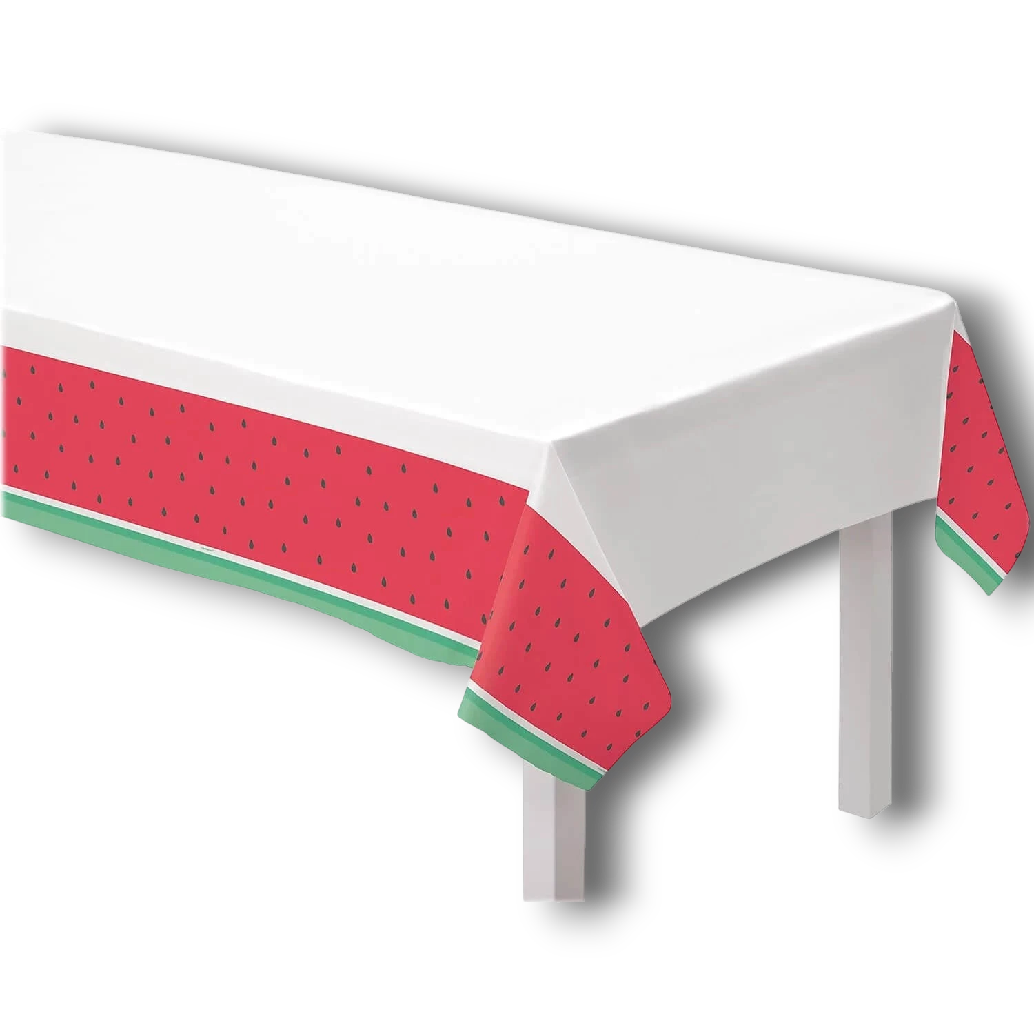 Mantel de mesa PartyStore con diseño de sandía en los bordes, fondo blanco y estampado de semillas