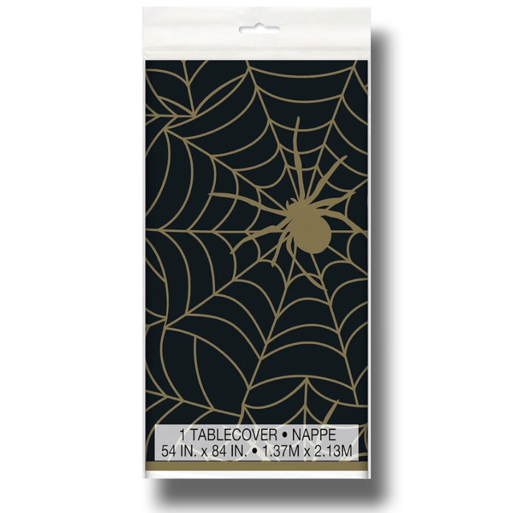 Mantel rectangular PartyStore con estampado de telaraña dorada sobre fondo negro para decoración de Halloween