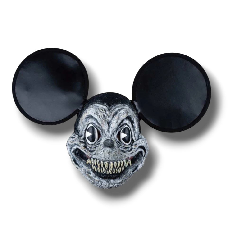Mascara de raton siniestro PartyStore en blanco y negro con dientes afilados y orejas grandes para disfraz de terror