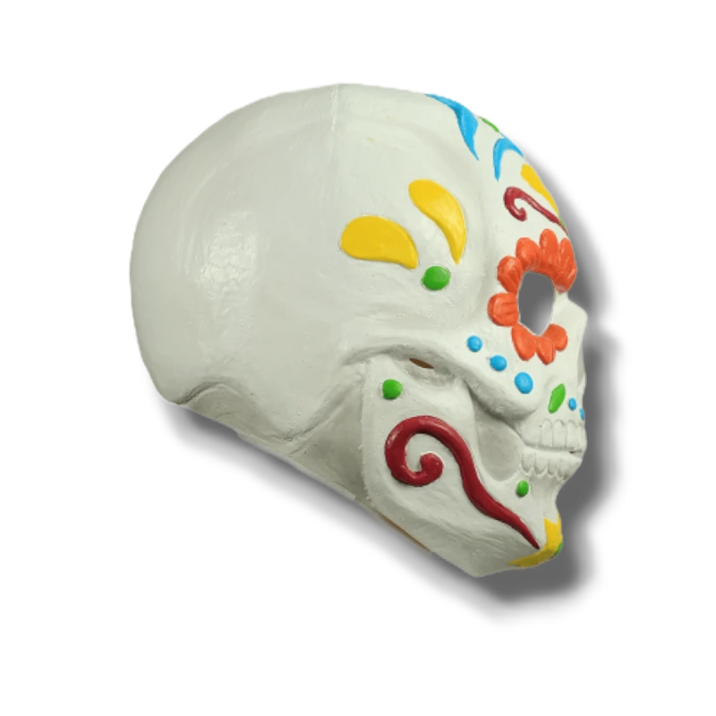 Mascara Sugar Skull de PartyStore con diseño de calavera mexicana en blanco con detalles coloridos pintados a mano