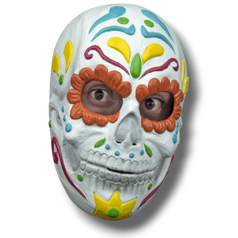 Mascara Sugar Skull de PartyStore con diseño colorido de calavera mexicana para disfraces de Día de los Muertos