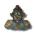 Máscara de disfraz Tlaloc de PartyStore con detalles en azul y bronce, estilo azteca con colmillos y ojos brillantes