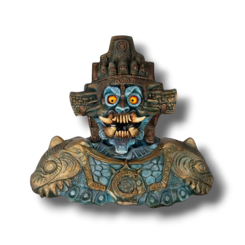 Máscara de disfraz Tlaloc de PartyStore con detalles en azul y bronce, estilo azteca con colmillos y ojos brillantes