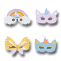 Set de 4 máscaras de papel PartyStore con diseños de unicornio, arcoíris y mariposa en colores pastel para fiestas.