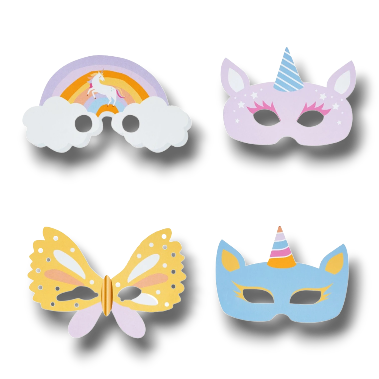 Set de 4 máscaras de papel PartyStore con diseños de unicornio, arcoíris y mariposa en colores pastel para fiestas.