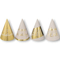 Set de 12 mini gorros de fiesta PartyStore en tonos crema y dorado con mensajes festivos brillantes