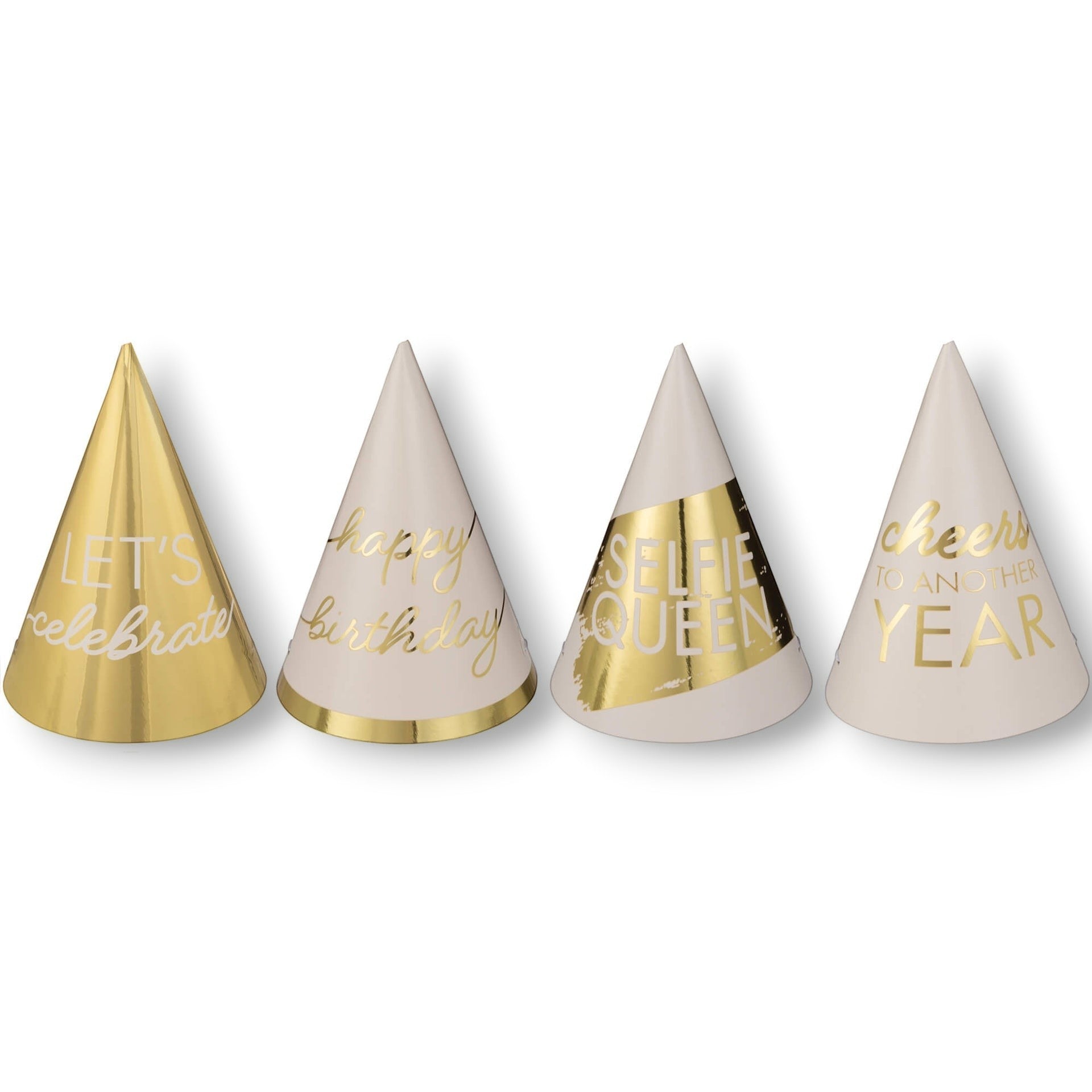 Set de 12 mini gorros de fiesta PartyStore en tonos crema y dorado con mensajes festivos brillantes