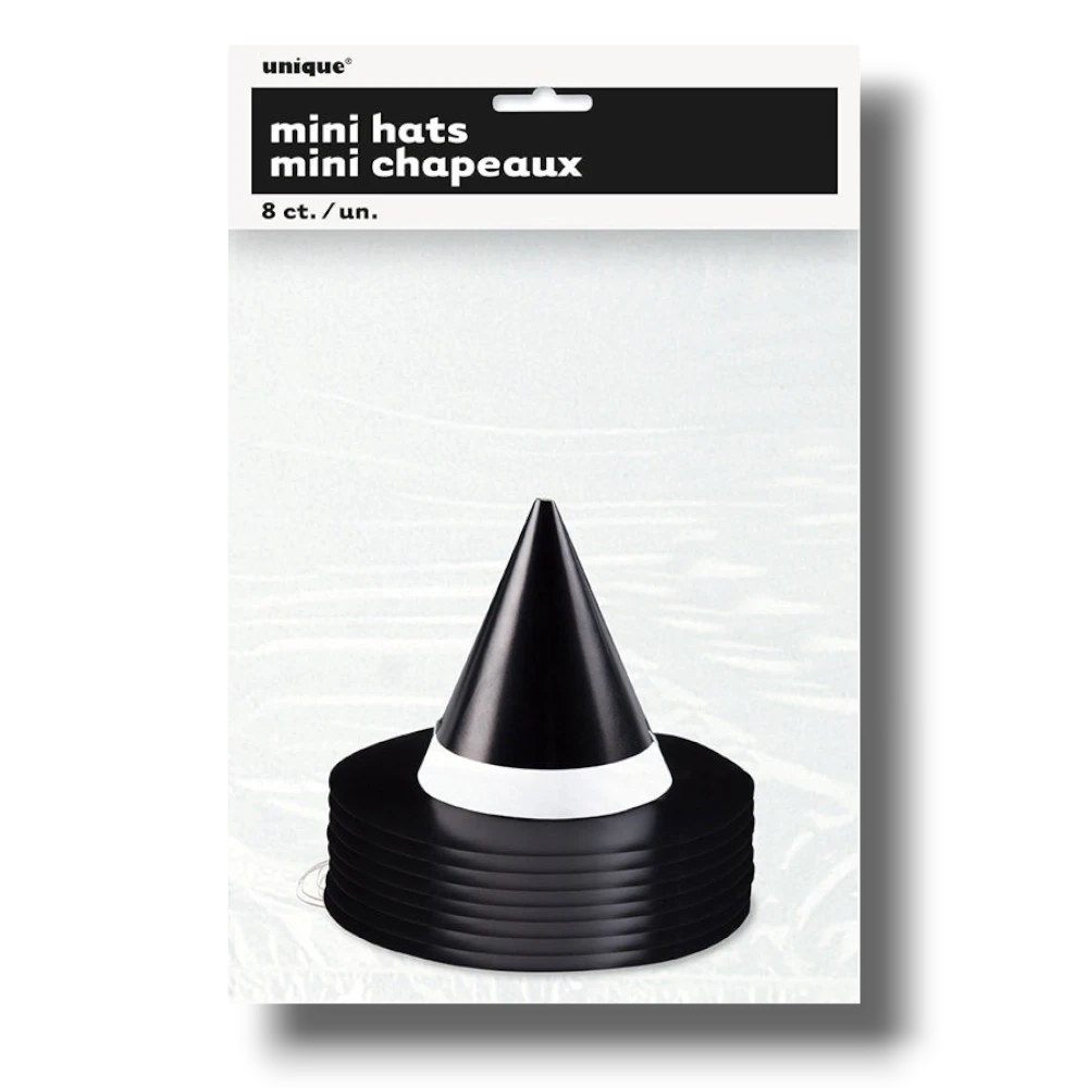 Pack de 8 mini sombreros de bruja negros con banda blanca de PartyStore para fiestas de Halloween