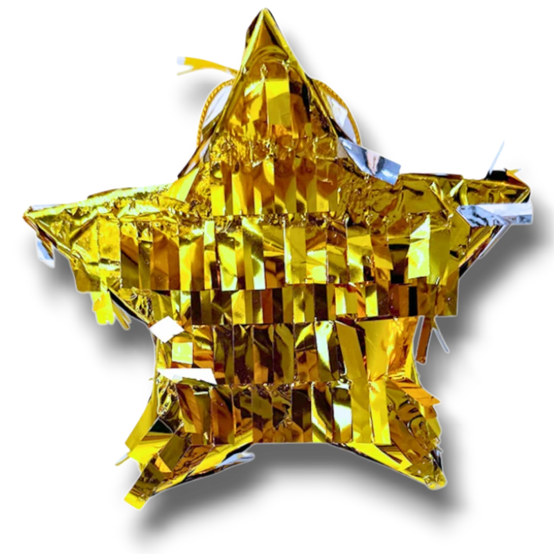 Mini piñata PartyStore en forma de estrella de color dorado brillante con flecos metálicos para decoración de fiestas