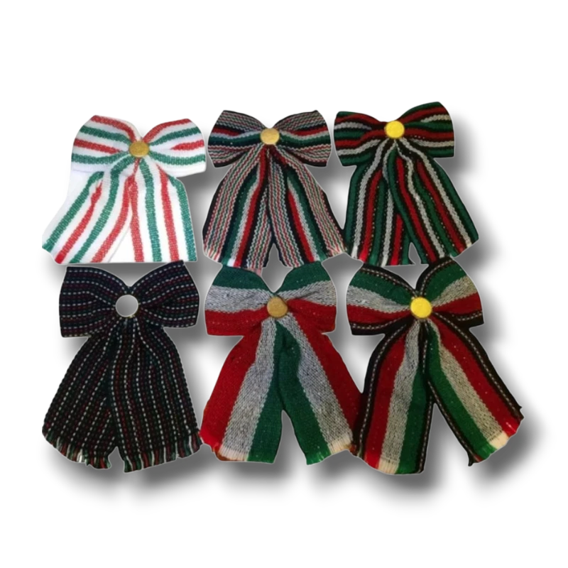 Set de seis moños patrios PartyStore con diseños de rayas tricolores y detalles dorados para celebraciones mexicanas