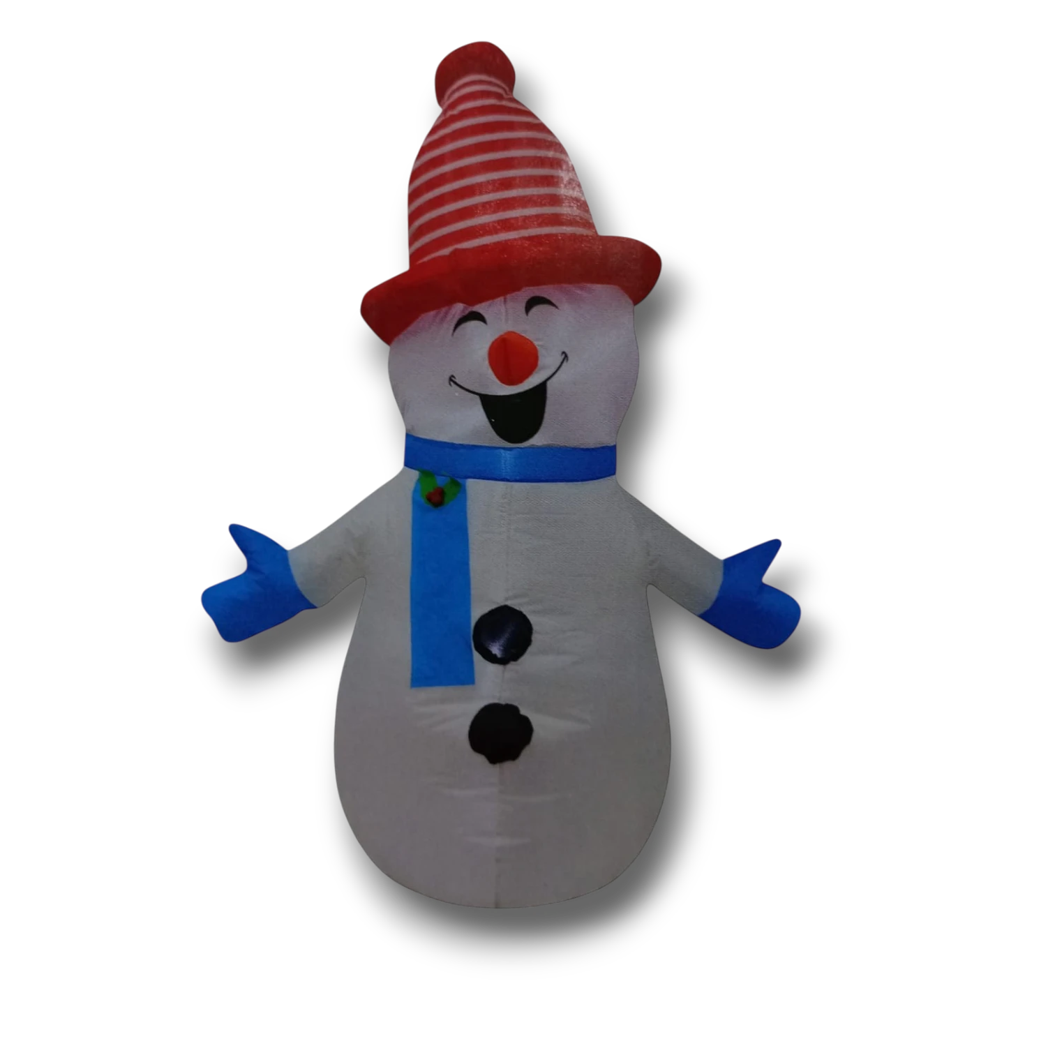 Muñeco de nieve inflable PartyStore de 1.2 metros con sombrero a rayas rojas, bufanda azul y botones negros