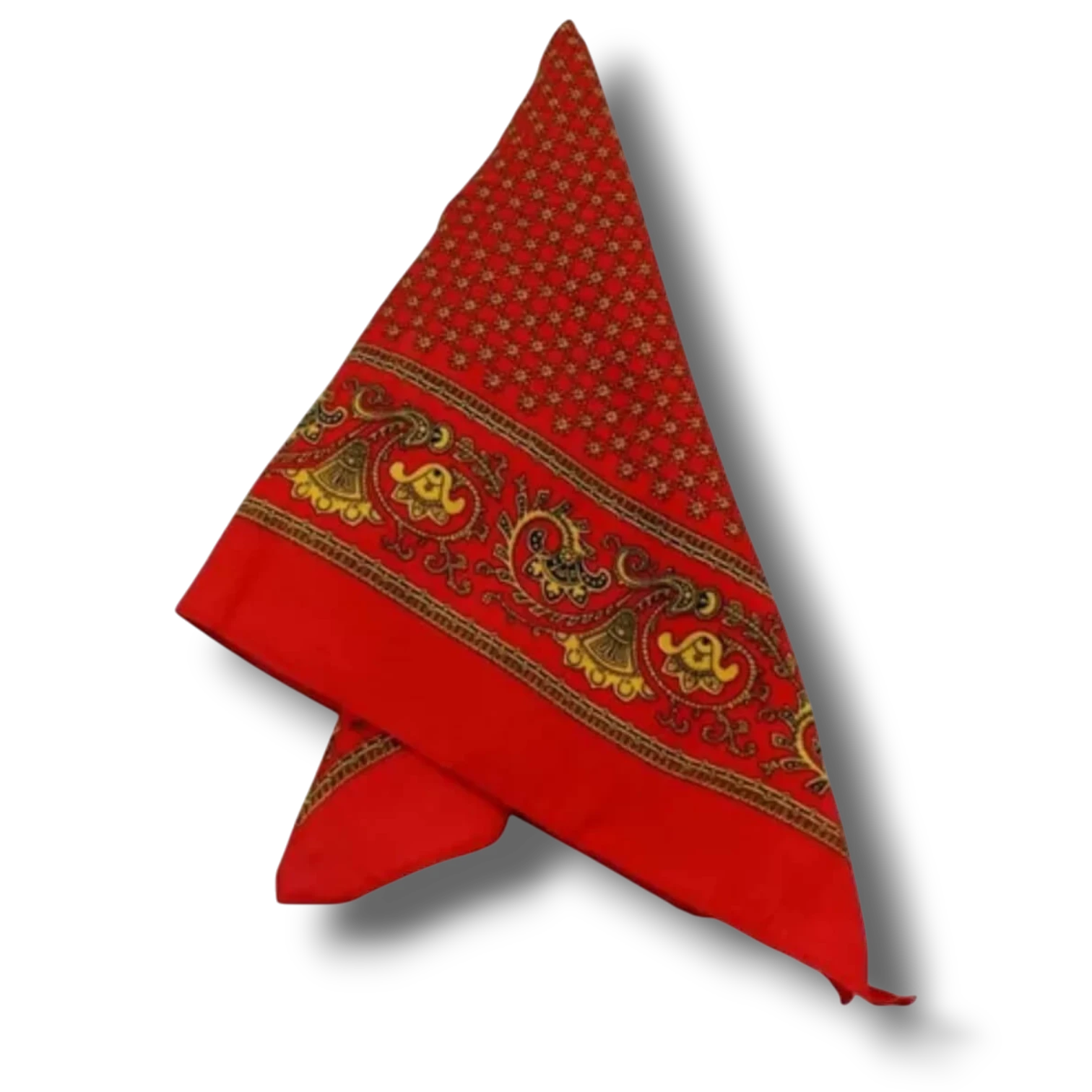 Paliacate rojo de PartyStore con estampado tradicional de cachemira y detalles en amarillo sobre fondo blanco