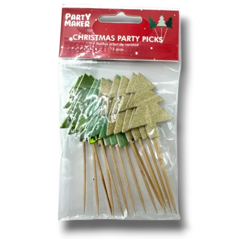 Set de 15 palillos decorativos PartyStore con forma de árbol de Navidad en tonos verde y dorado con acabado brillante