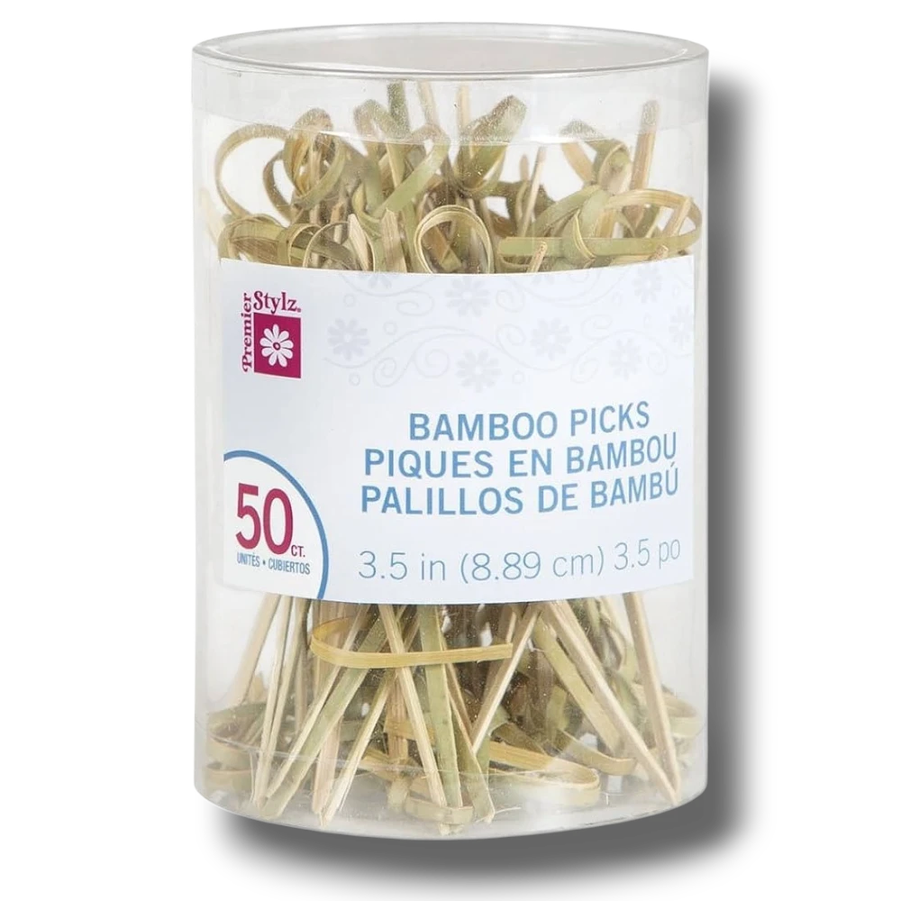 Paquete de 50 palillos de bambú PartyStore con nudo decorativo para aperitivos y cócteles de 8.89 cm