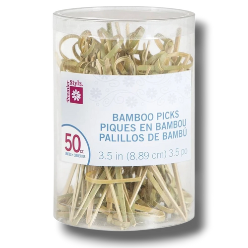 Paquete de 50 palillos de bambú PartyStore con nudo decorativo para aperitivos y cócteles de 8.89 cm