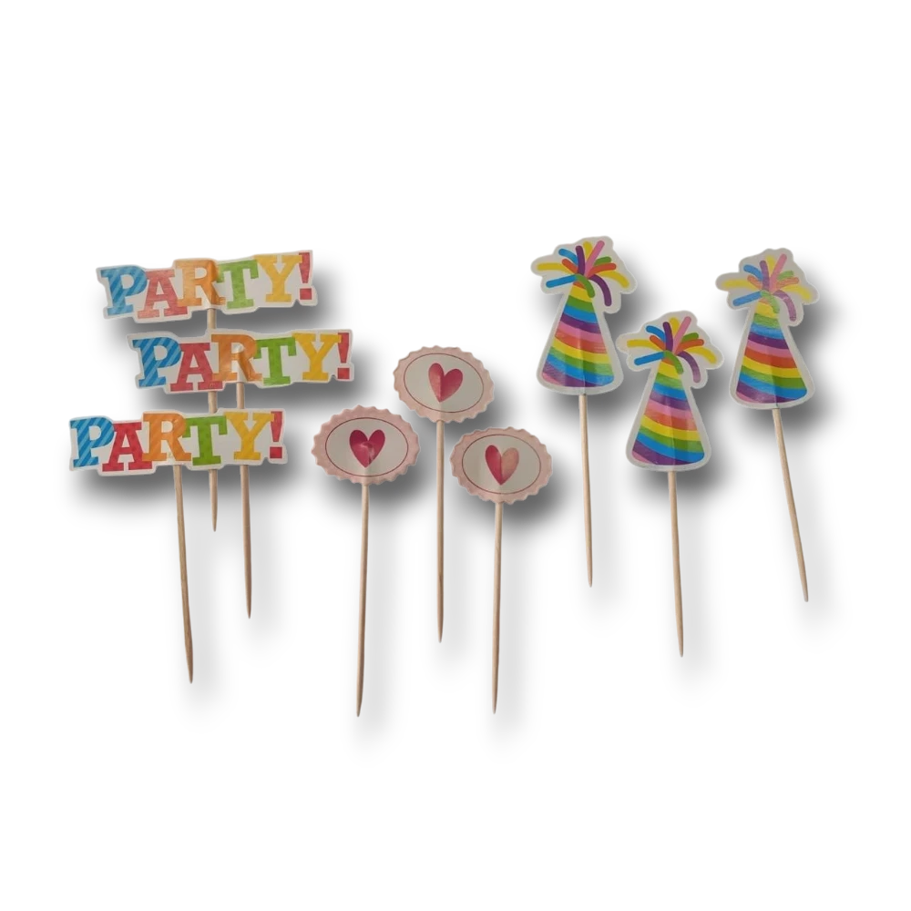 Set de 20 palillos decorativos PartyStore con diseños de letreros PARTY, corazones y gorros de fiesta coloridos