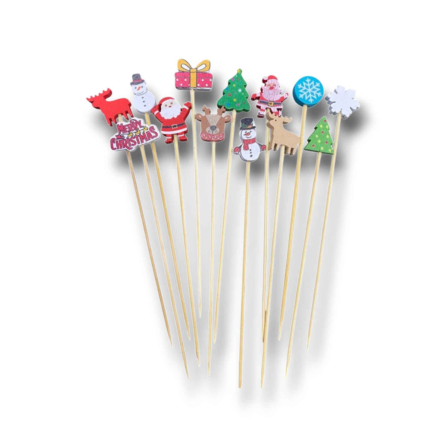Set de 10 palillos decorativos de madera PartyStore con figuras navideñas coloridas para aperitivos y postres