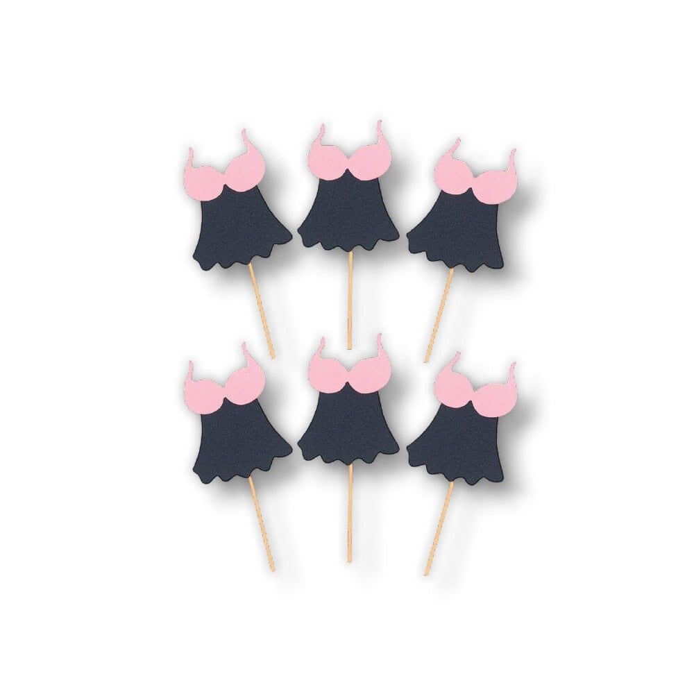 Palillos decorativos PartyStore para despedida de soltera con diseño de corsé negro y rosa sobre fondo blanco