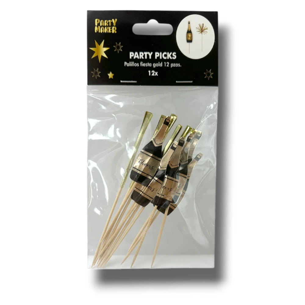 Set de 12 palillos decorativos PartyStore con diseño de botella de champán dorada para fiestas y celebraciones