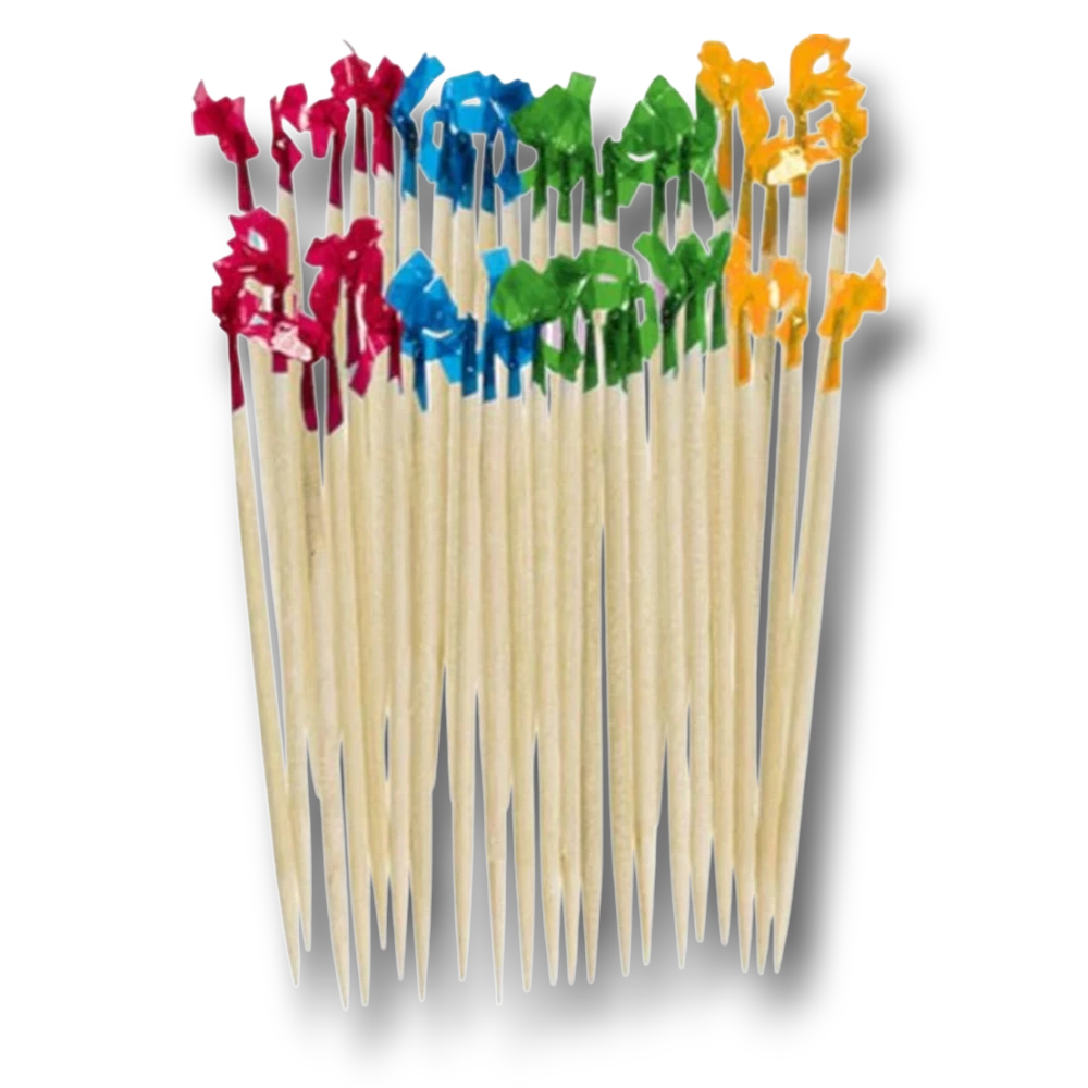 Palillos de madera PartyStore con flecos decorativos de colores surtidos para aperitivos y cócteles