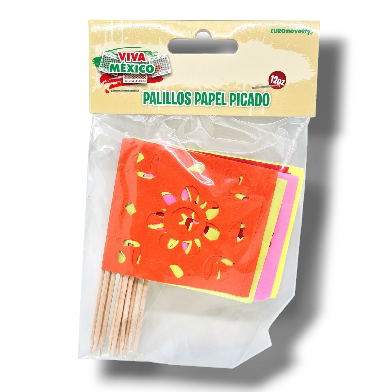 Set de 12 palillos decorativos PartyStore con papel picado de colores vibrantes para fiestas mexicanas