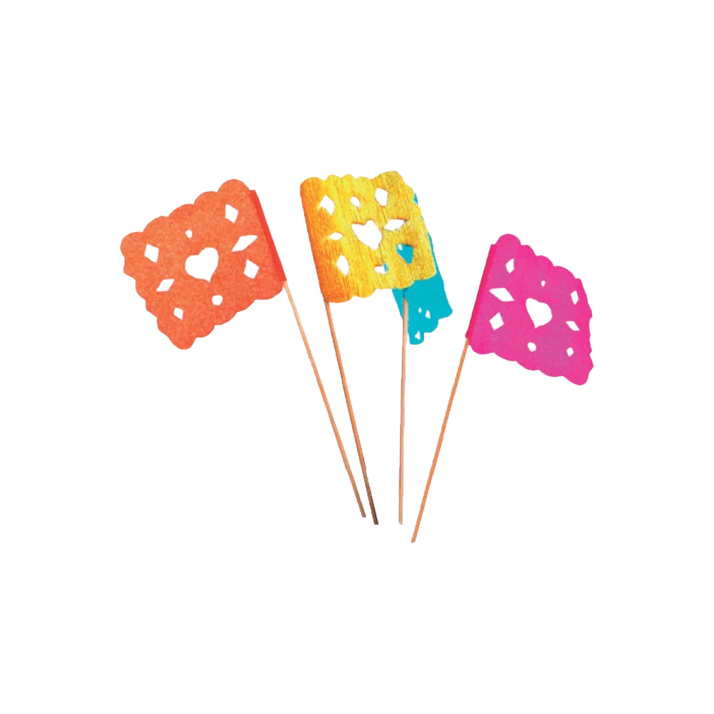 Palillos decorativos PartyStore con banderas de papel picado multicolor y diseño de corazón para fiestas