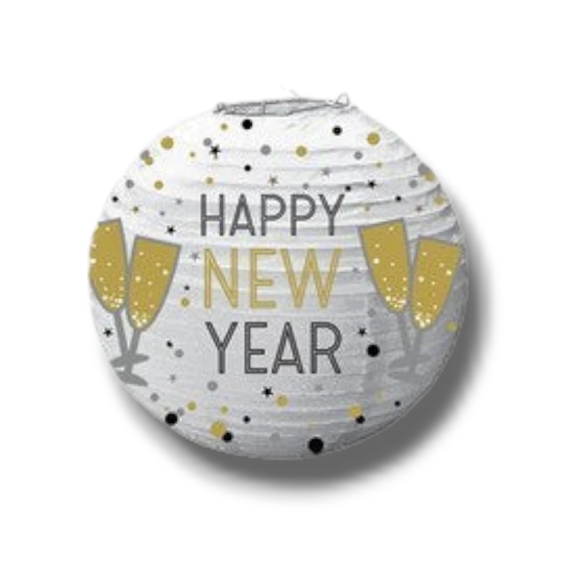 Pantalla de papel blanca PartyStore para Año Nuevo con diseño de copas de champán, estrellas y puntos dorados