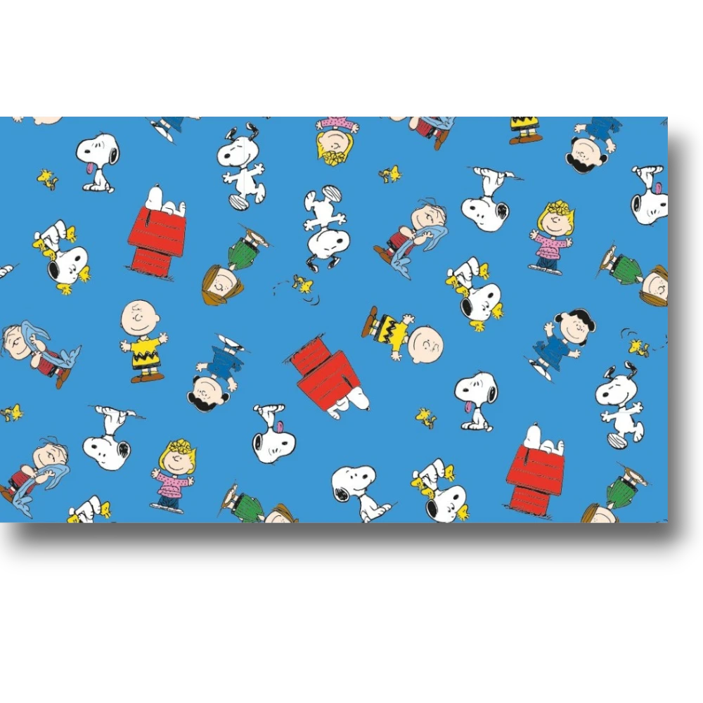 Papel de regalo PartyStore con estampado de Snoopy y sus amigos sobre fondo azul, pliego de papel couché