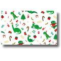 Papel de regalo PartyStore con estampado navideño de dinosaurios verdes, árboles de Navidad y regalos sobre fondo blanco