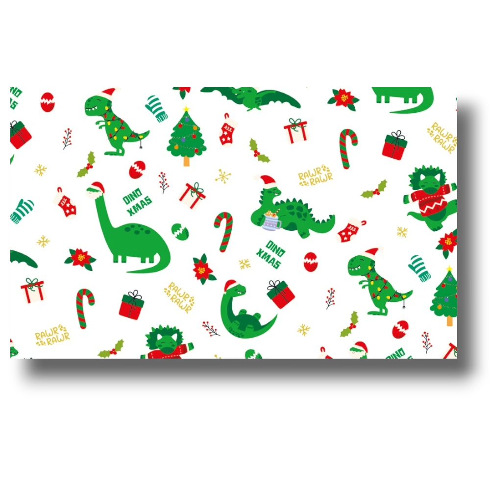 Papel de regalo PartyStore con estampado navideño de dinosaurios verdes, árboles de Navidad y regalos sobre fondo blanco