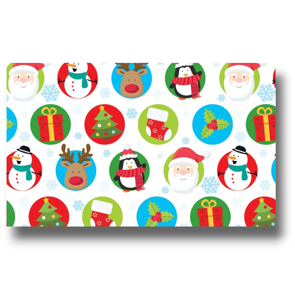 Papel de regalo PartyStore con estampado de círculos navideños, personajes y motivos festivos en papel couché.