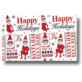 Papel de regalo PartyStore con diseño de elfo navideño, frases festivas y copos de nieve en colores rojo y negro.