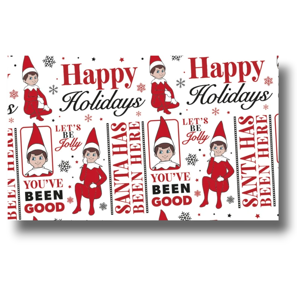 Papel de regalo PartyStore con diseño de elfo navideño, frases festivas y copos de nieve en colores rojo y negro.