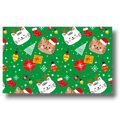 Papel de regalo PartyStore con estampado navideño de gatitos, árboles, esferas y calcetines sobre fondo verde.