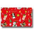 Papel de regalo PartyStore con estampado navideño de perritos, árboles, regalos y bastones de caramelo sobre fondo rojo