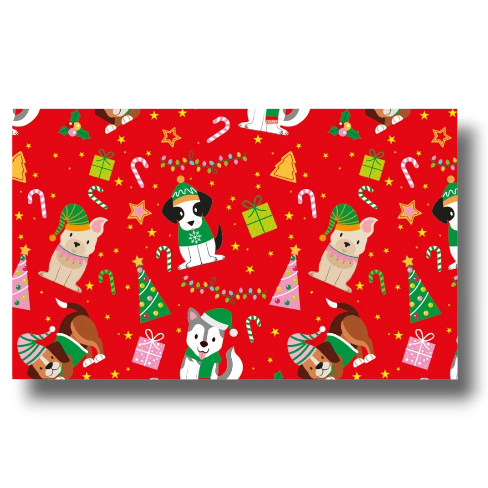 Papel de regalo PartyStore con estampado navideño de perritos, árboles, regalos y bastones de caramelo sobre fondo rojo