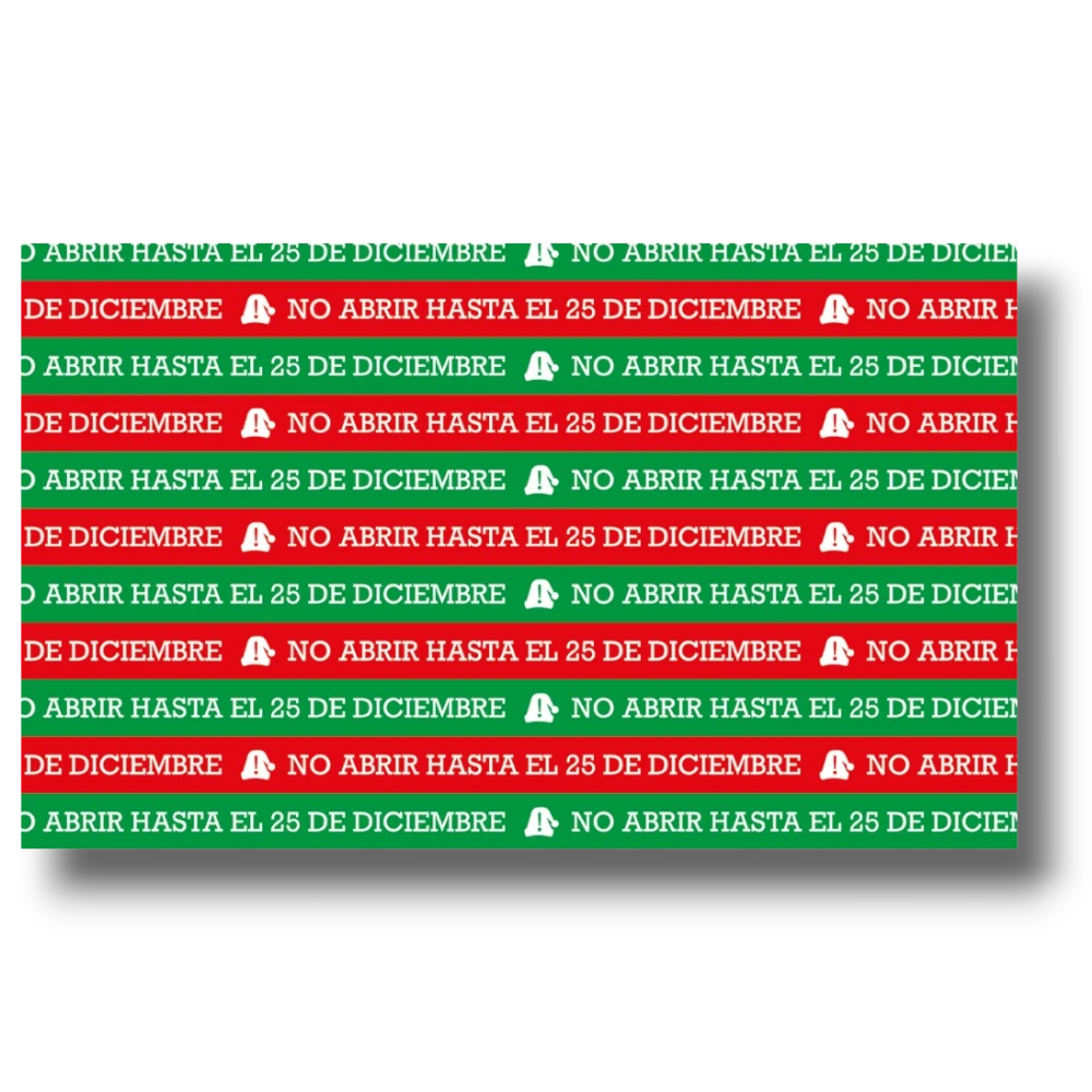 Papel de regalo PartyStore con patrón navideño rojo y verde y la frase No abrir hasta el 25 de diciembre