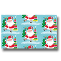 Papel de regalo PartyStore con estampado de Santa Claus, árboles de Navidad y texto Ho Ho Ho sobre fondo azul claro.