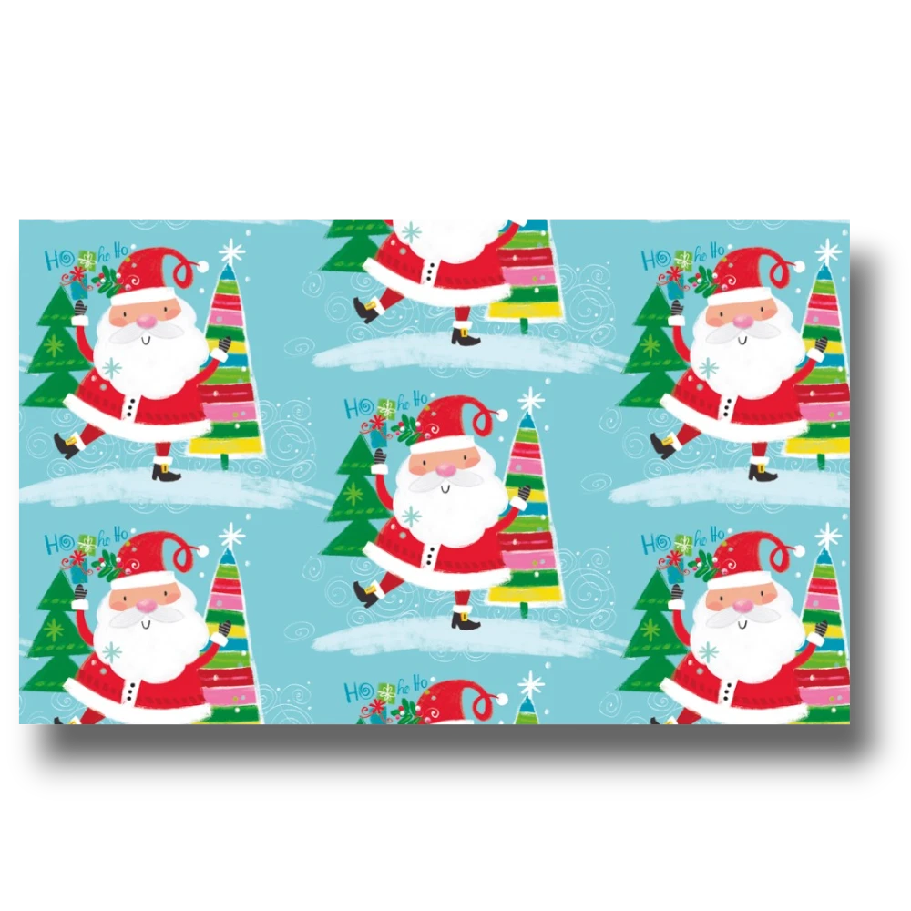 Papel de regalo PartyStore con estampado de Santa Claus, árboles de Navidad y texto Ho Ho Ho sobre fondo azul claro.